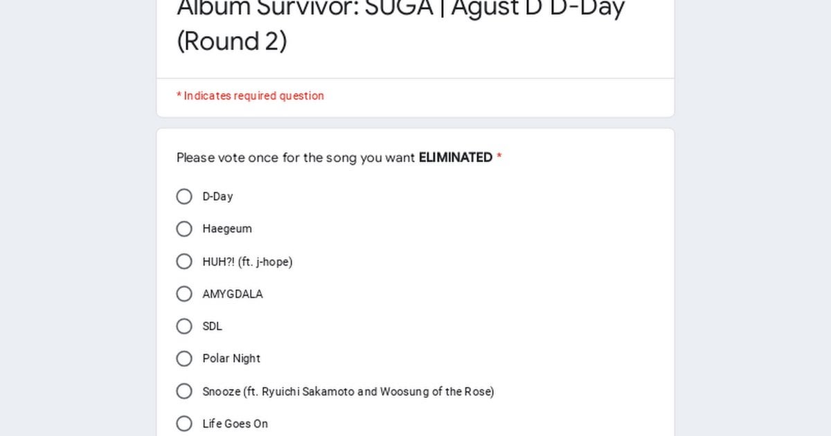 r/bangtan Album Survivor: SUGA | Agust D D-Day (Round 2)