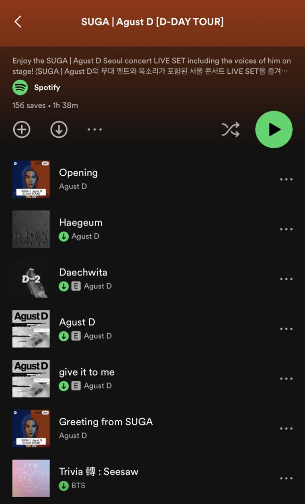230707 Spotify has created a playlist with recorded audio segments from SUGA’s SUGA | Agust D ‘D-DAY’ Seoul concert