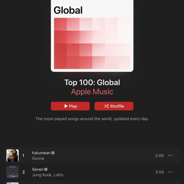 230814 Jungkook's "Seven" rises to No.2 (+1) on Apple Music Global Chart, ties BTS for highest peak ever by a Korean act! (NEW PEAK)