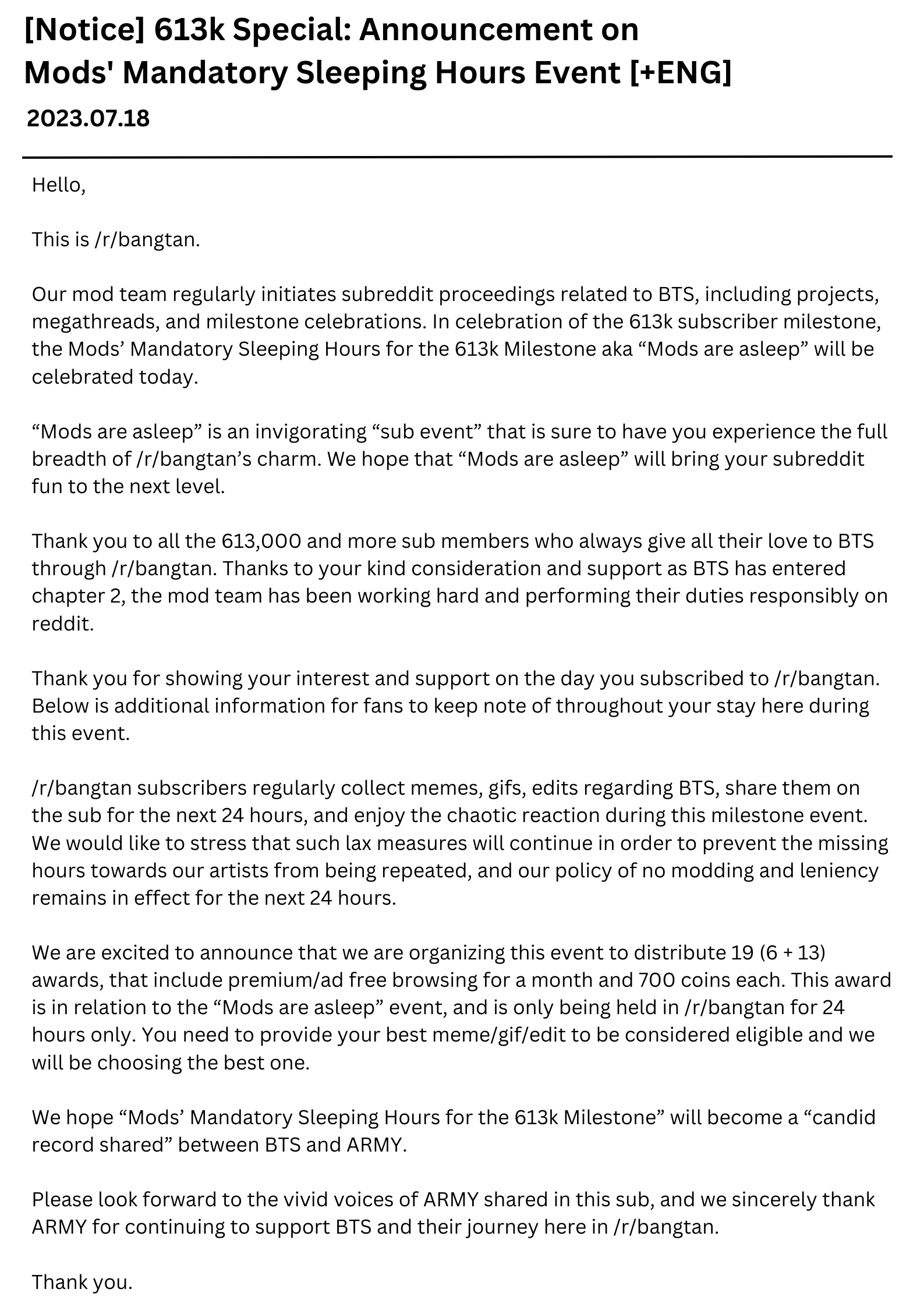 230718 613k Special: Announcement on mods' mandatory sleeping hours