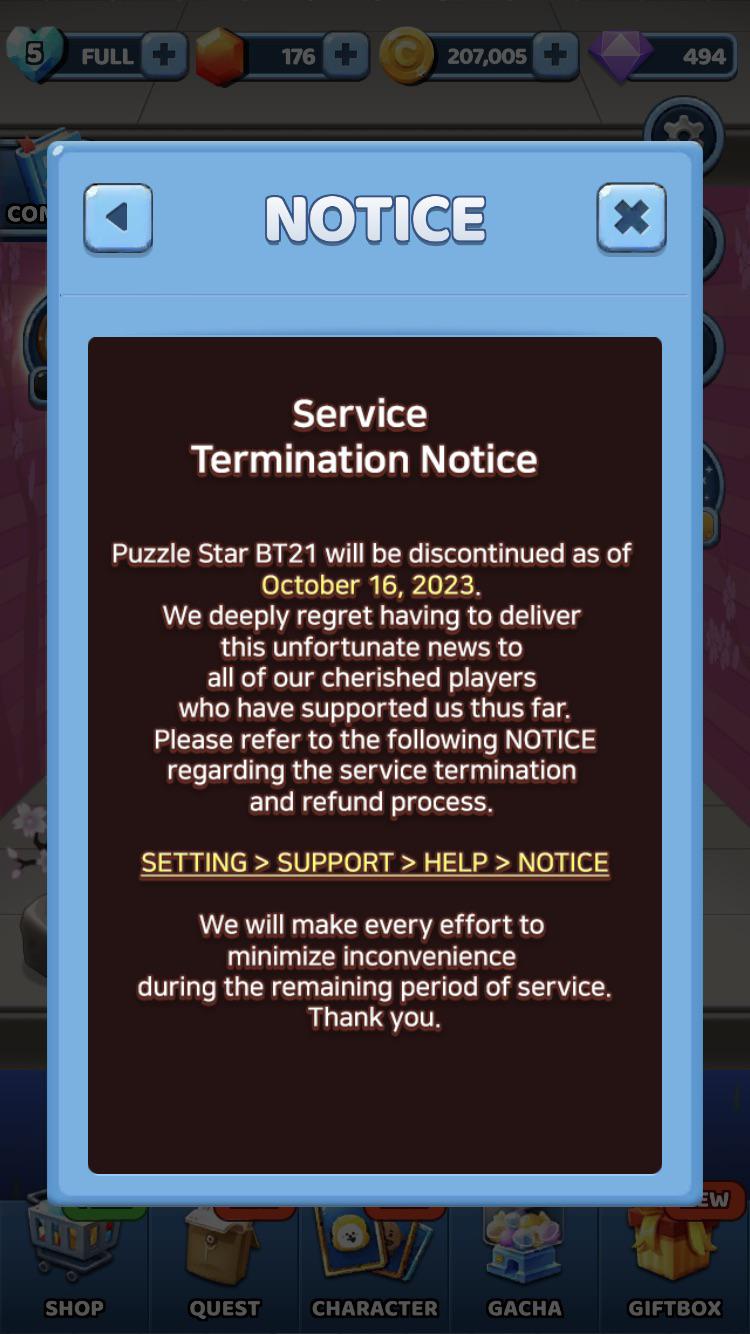 Puzzle Star BT21 service termination notice