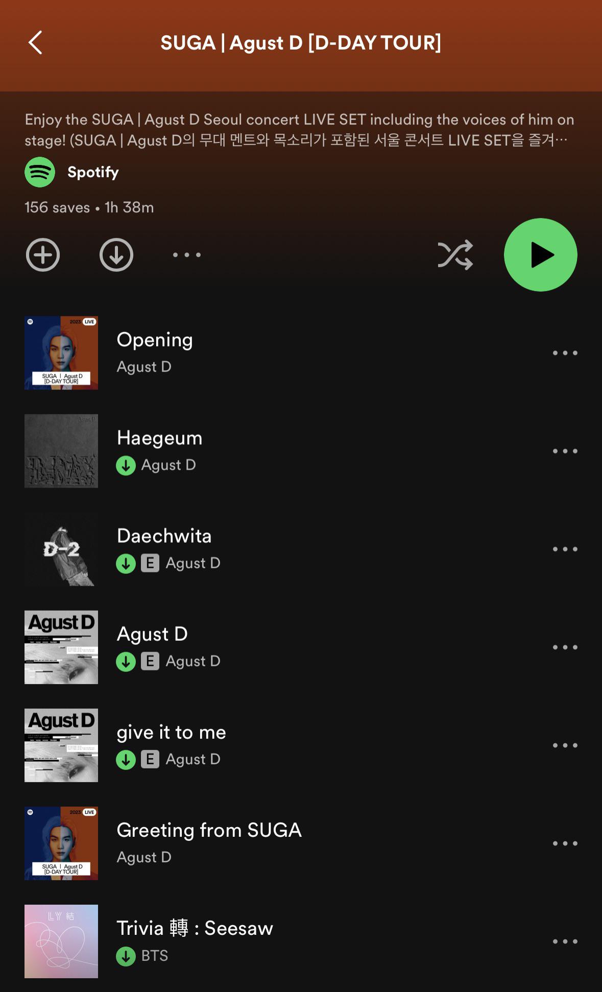 Spotify has created a playlist with the the setlist and recorded audio segments from Yoongi’s SUGA | Agust D ‘D-DAY’ Seoul concert - 070723