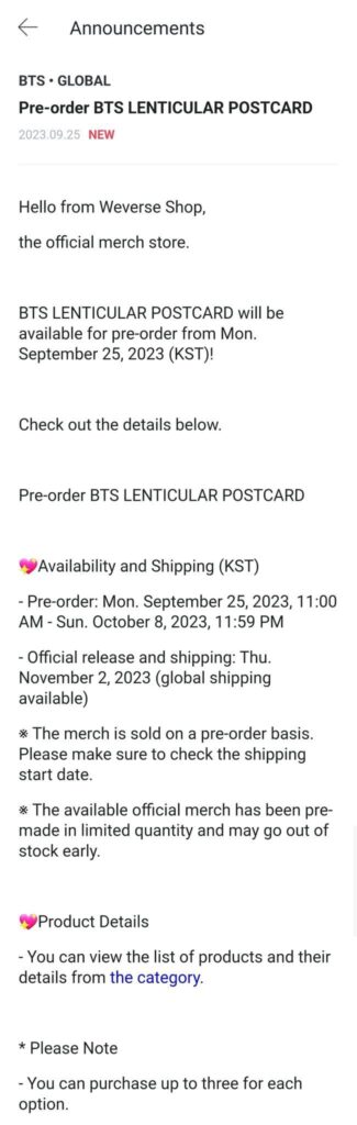 230925 BTS lenticular postcard available for pre-order on Weverse Shop Global - Pre-order Sep 25, 11am KST to Oct 8, 11:59pm KST