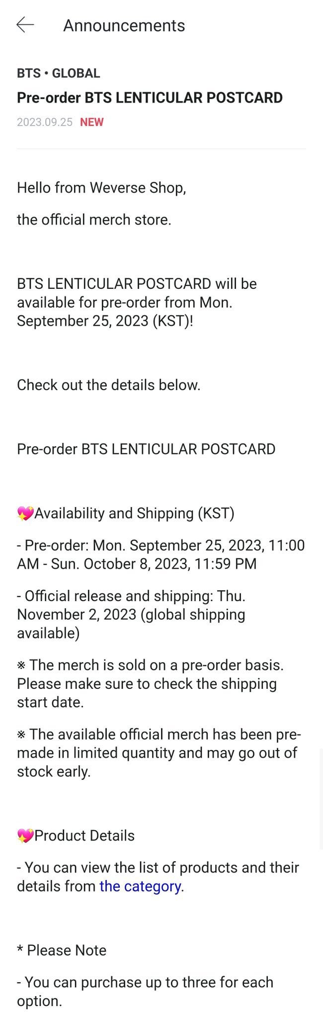 230925 BTS lenticular postcard available for pre-order on Weverse Shop Global - Pre-order Sep 25, 11am KST to Oct 8, 11:59pm KST