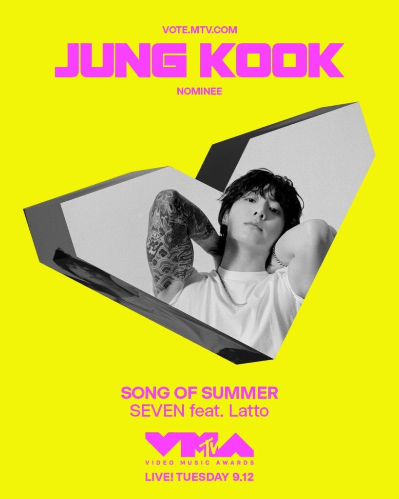 230907 BTS Official: So excited to be nominated for "Song of Summer" with "Seven (feat. Latto)" at the 2023 VMAs! Thank you so much for your love and support, ARMY