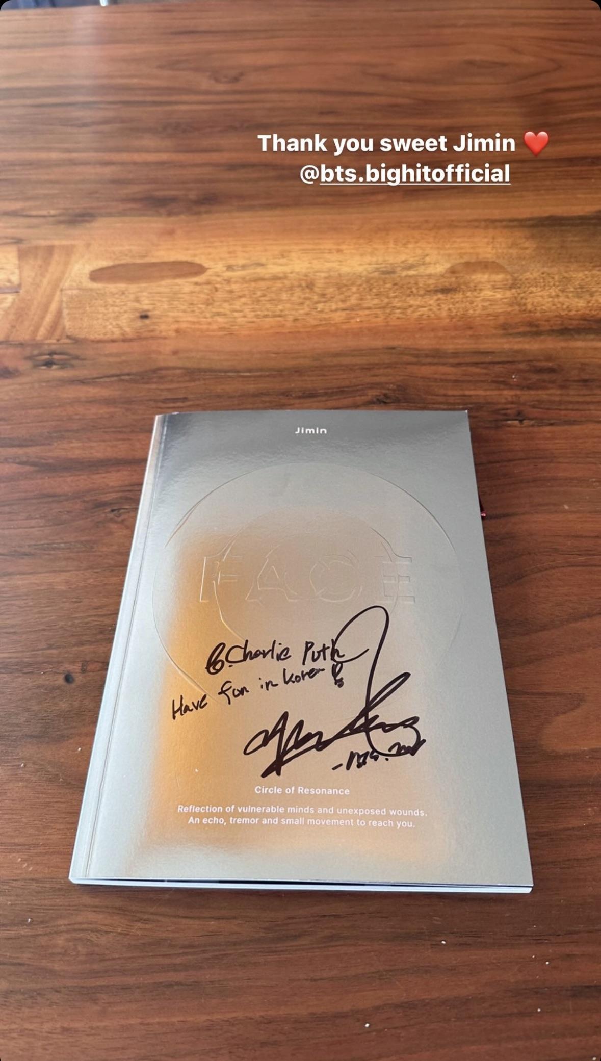 Charlie Puth IG Story (feat. Jimin’s signed FACE album) 201023