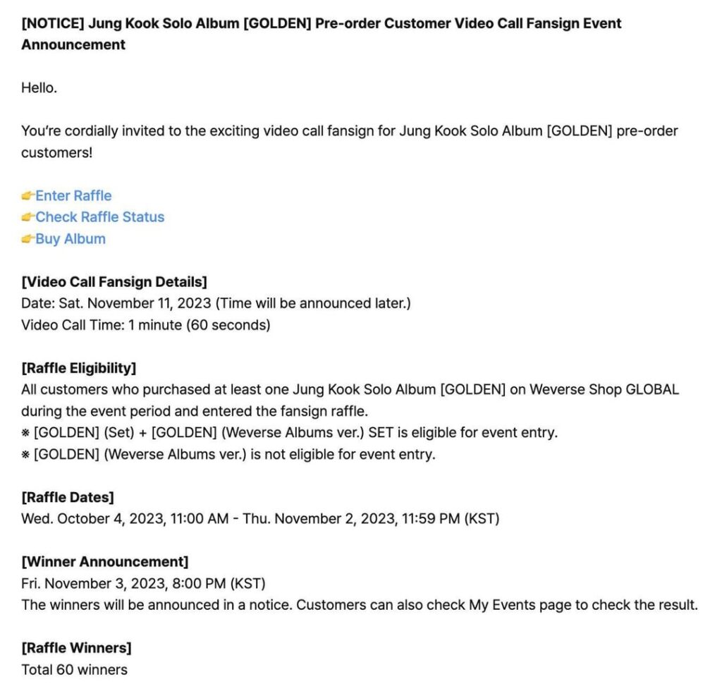 Jungkook Solo Album 'GOLDEN' Pre-order Customer Video Call Fansign Event Announcement and Autographed Poster Event - 041023