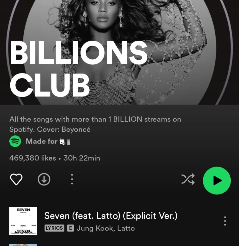 231030 "Seven" by Jung Kook has now been added to Spotify's Billions Club playlist