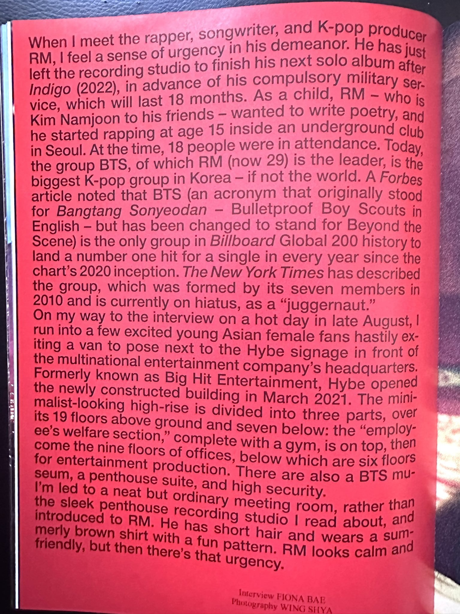 Namjoon's interview for o32 Magazine