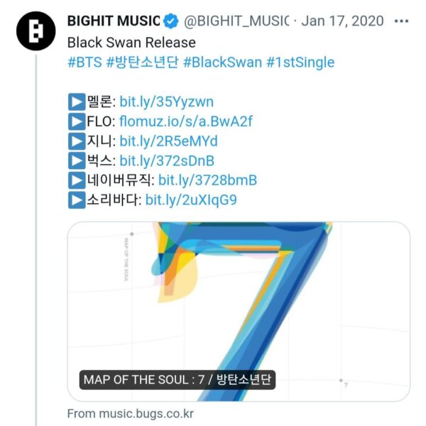 4 years ago today, BTS released the "Black Swan" single and art film for their album 'MAP OF THE SOUL : 7'