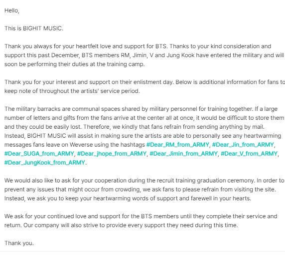[Weverse] [Notice] Information for fans during BTS’ military service period (RM, Jimin, V, Jungkook) - 150124