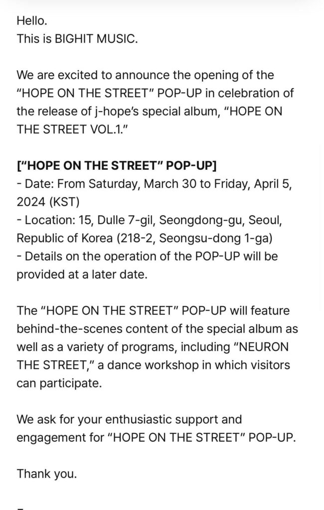Announcement of “HOPE ON THE STREET” POP-UP - 020324