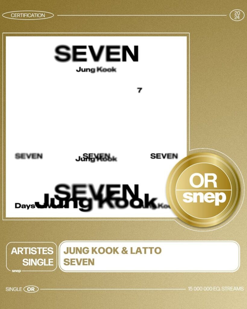 240401 "Seven (feat. Latto)" by Jungkook is now certified Gold in France.