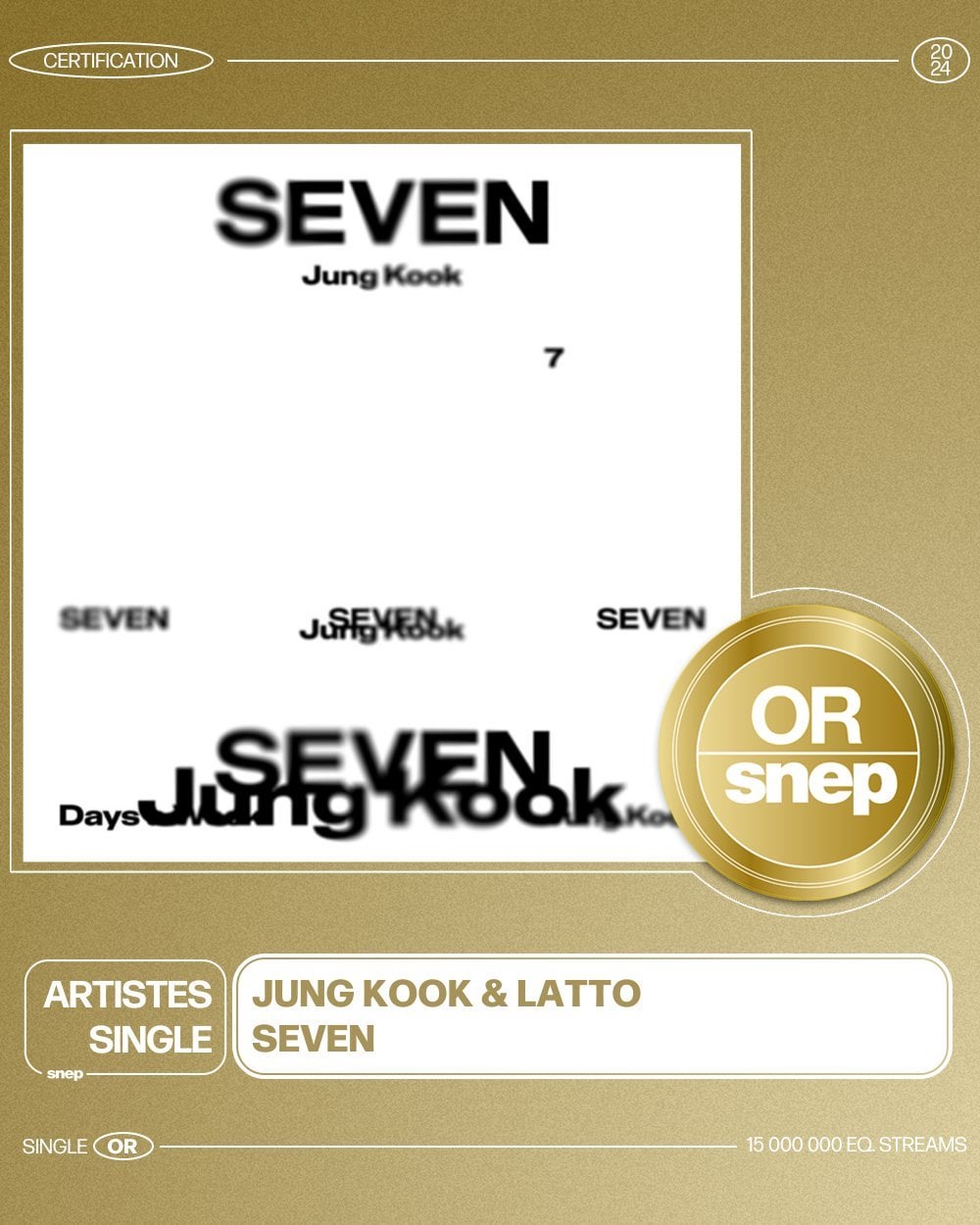 240401 "Seven (feat. Latto)" by Jungkook is now certified Gold in France.