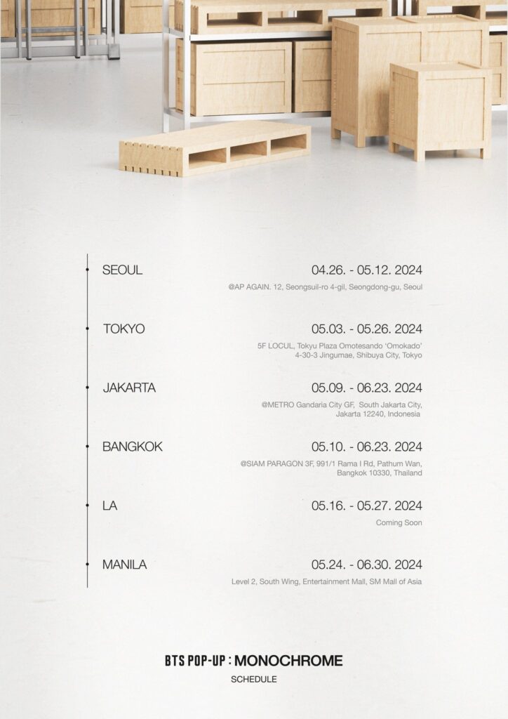 240417 BTS Official: BTS POP-UP : MONOCHROME Global Pop/up Schedule