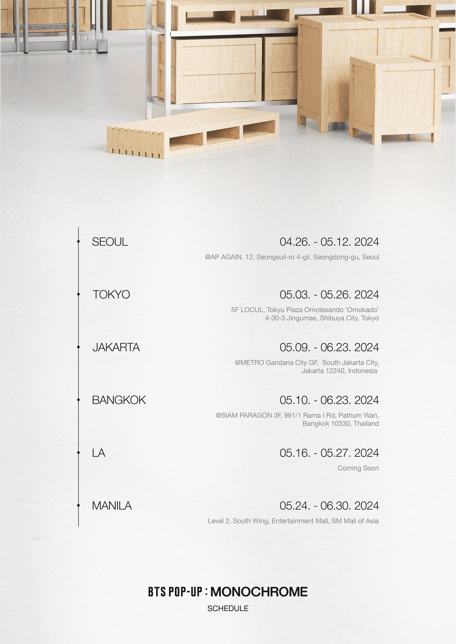 240417 BTS Official: BTS POP-UP : MONOCHROME Global Pop/up Schedule