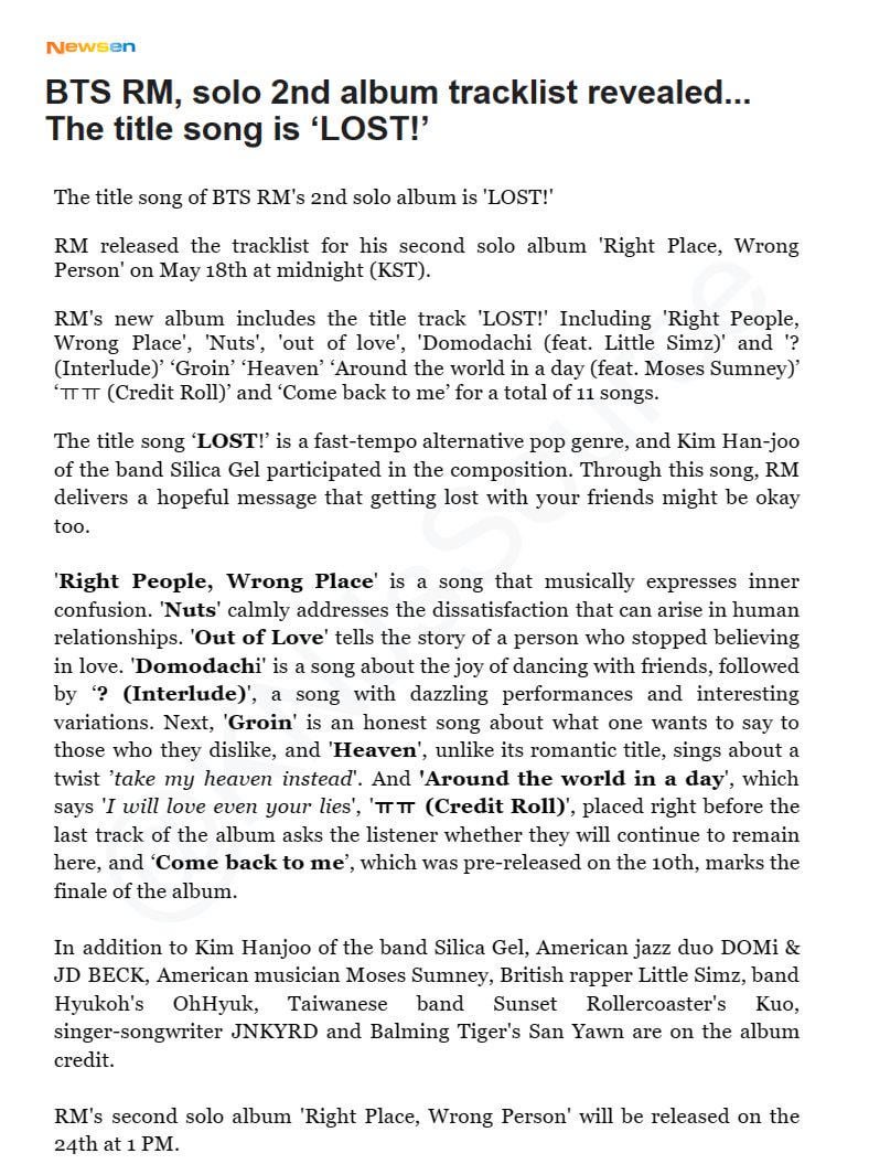 [Newsen] 'Right Place, Wrong Person' press release with track descriptions - 180524