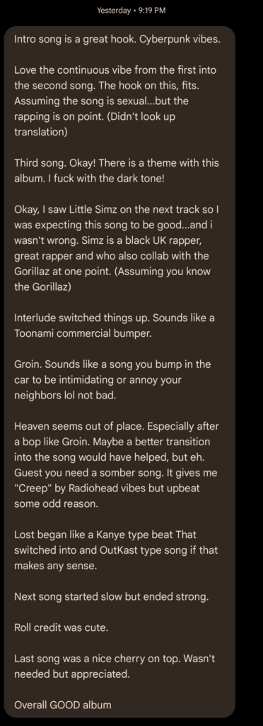 I sent Joonie's new album to a non-ARMY friend of mine, and this was his breakdown.