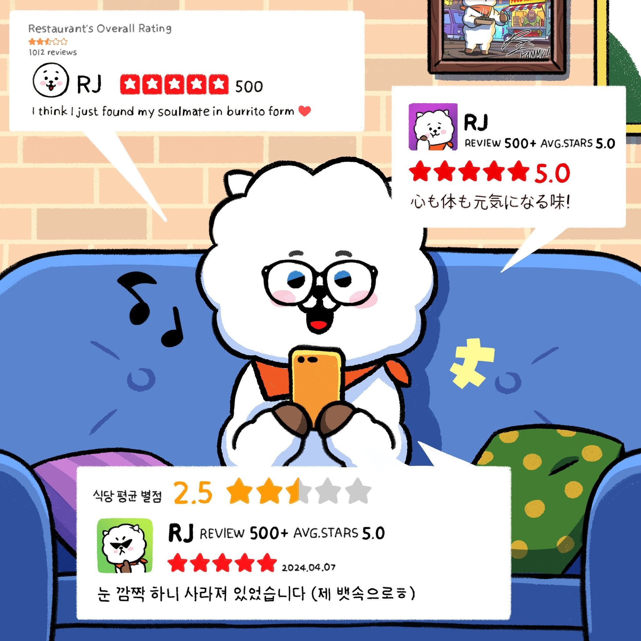 240607 BT21 on X: Haven’t had a single disappointing dish yet! 🍽️ Lucky me!🌟