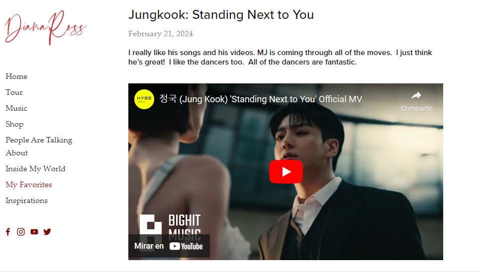 Jungkook's "Standing Next To You" is included in Diana Ross's "My Favorites" - 210224