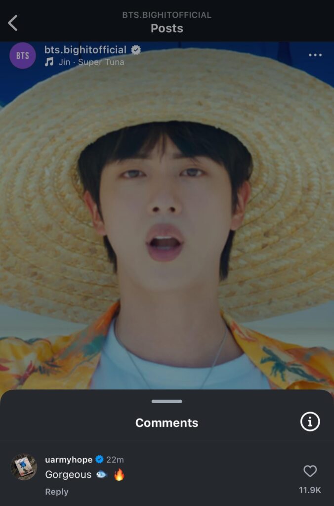 241011 j-hope’s comment on BTS Official’s Instagram post for Jin’s “Super Tuna” Special Video release