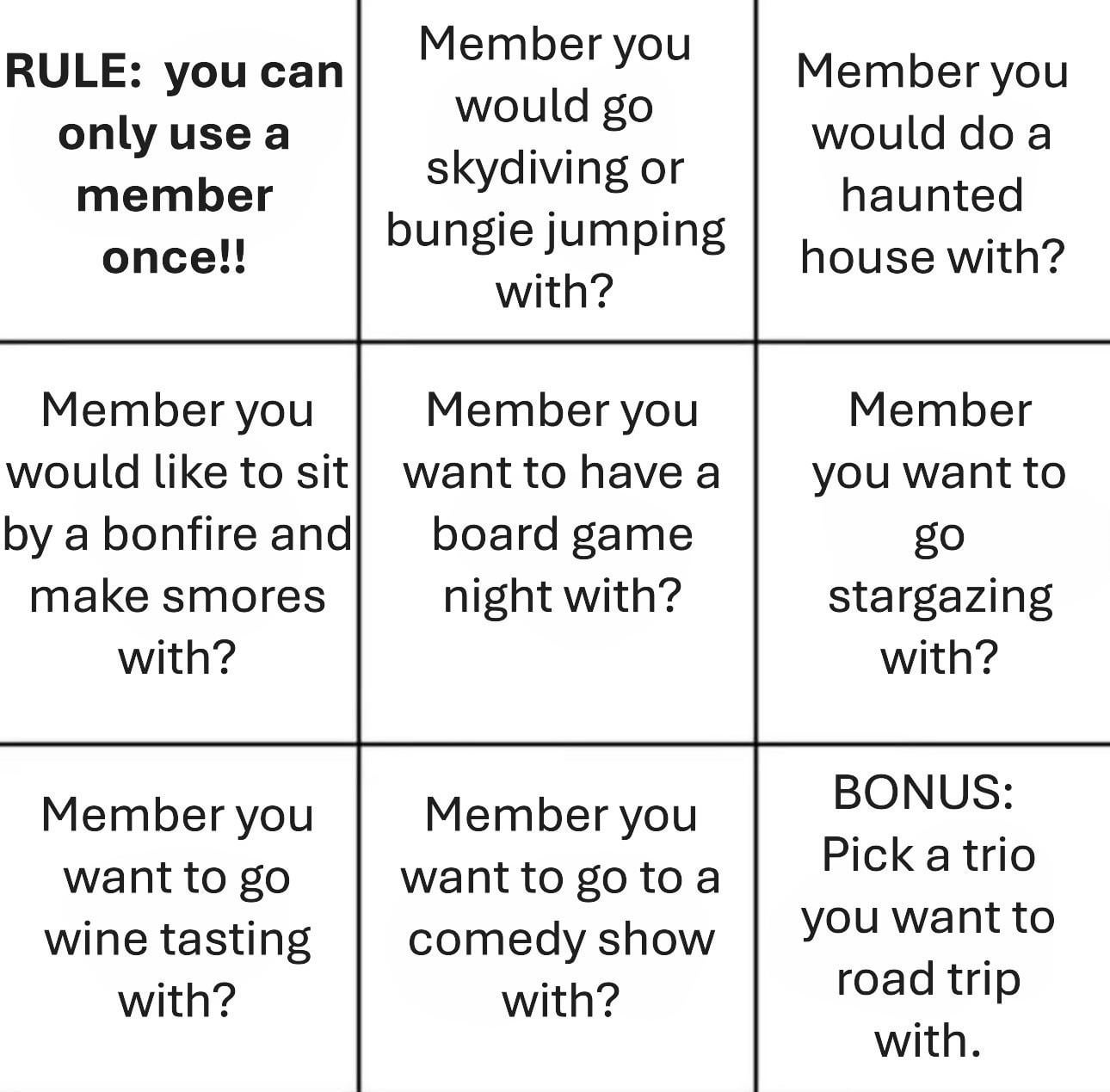 Which member would you do ____ with?