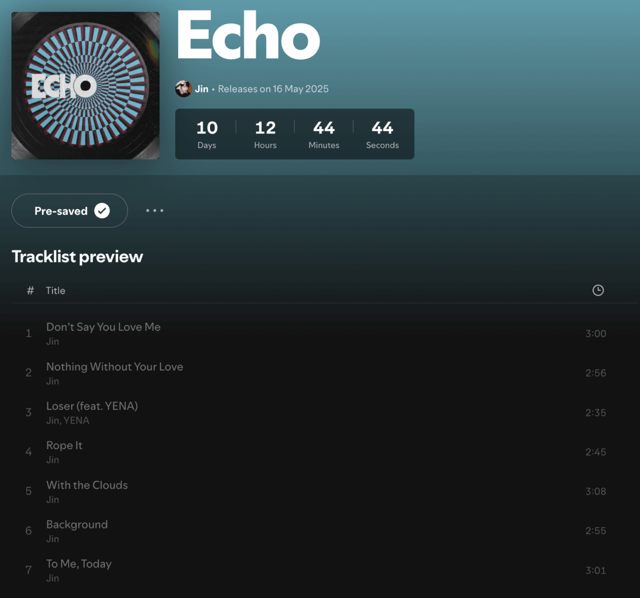 250506 Jin 'Echo' Tracklist Preview (English titles & song lengths)