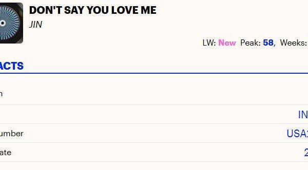 Jin's "Don't Say You Love Me" debuts at #58 at the UK Official Singles Chart - 240525