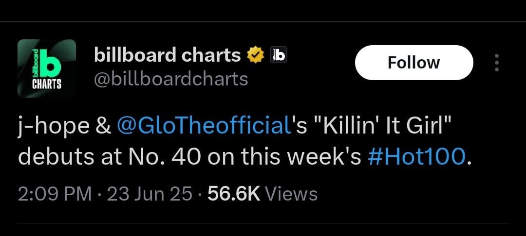 [Billboard] j-hope & Glorilla's "Killin' It Girl" debuts at No. 40 on this week's #Hot100.