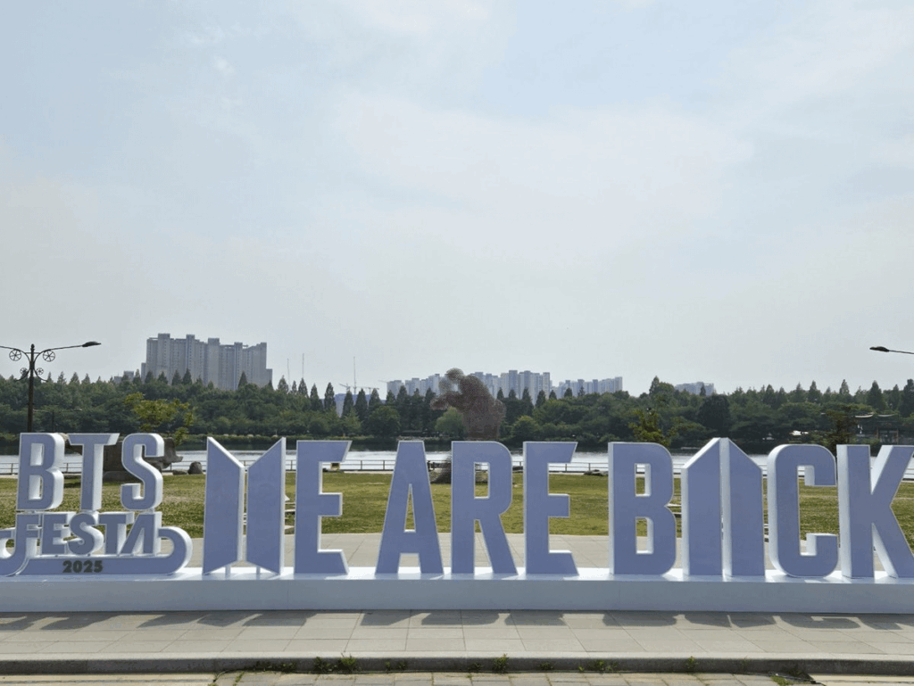 A "BTS FESTA 2025 WE ARE BACK" sign has been put up near KINTEX Hall for 2025 BTS FESTA