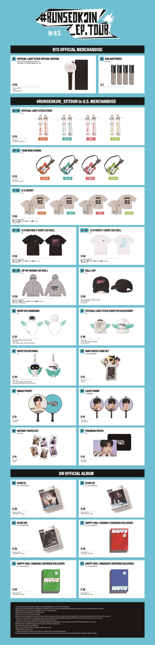 [NOTICE] On-Site Sales of Jin <#RUNSEOKJIN_EP.TOUR in U.S.> (ANAHEIM / DALLAS) Official Merchandise - 100725
