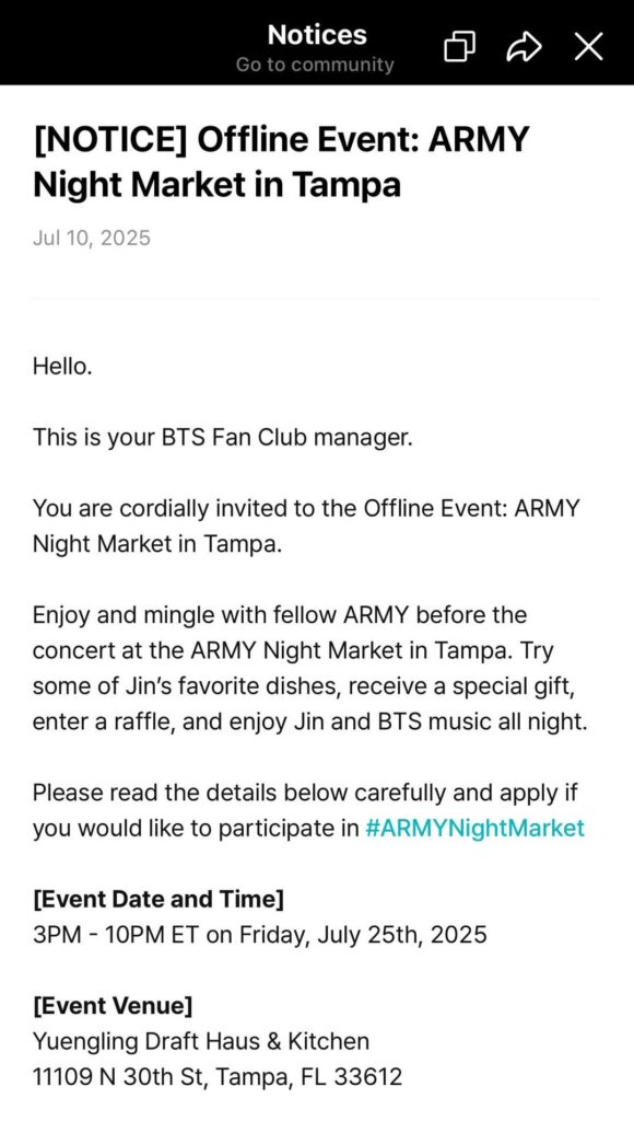 [NOTICE] Offline Event: ARMY Night Market in Tampa - 100725