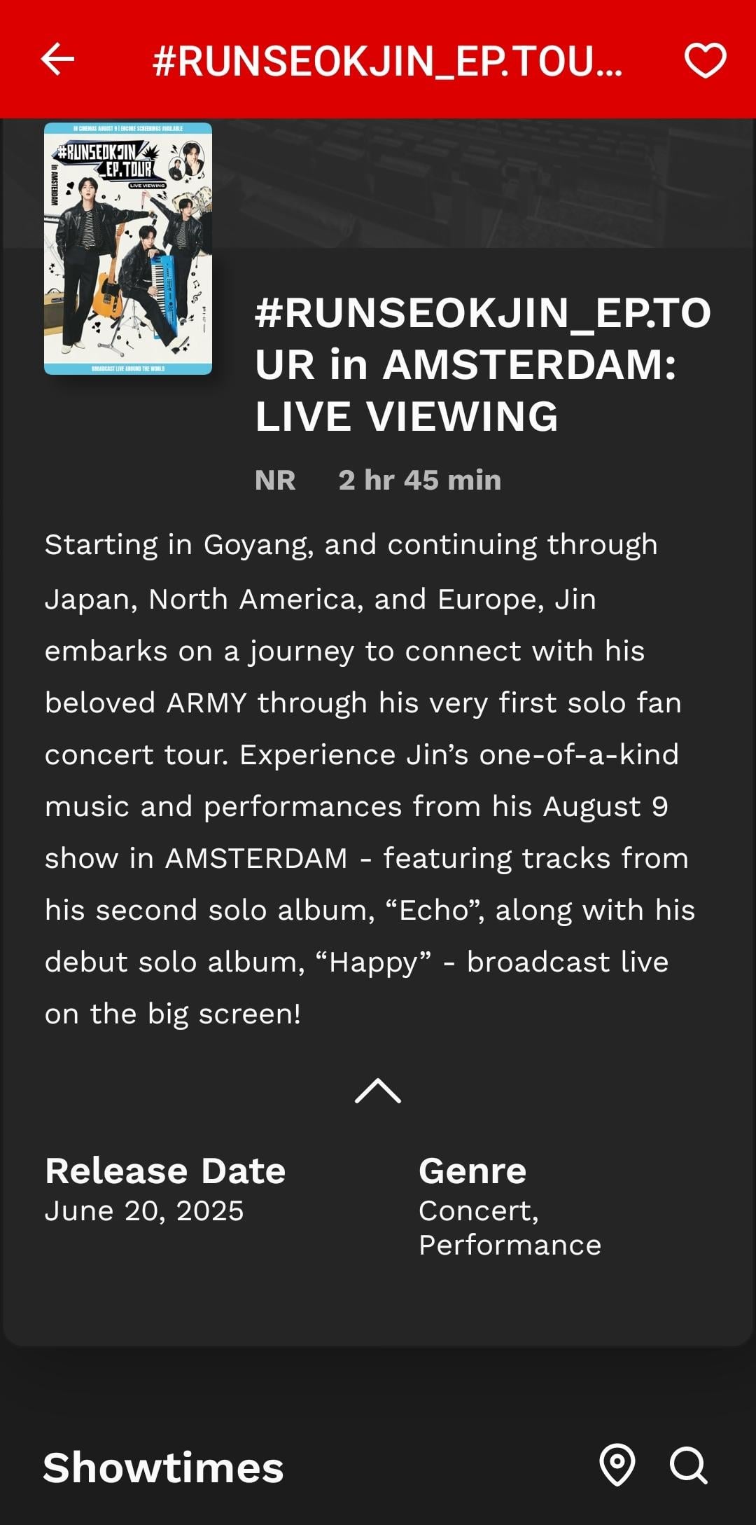 #RUNSEOKJIN_EP.TOUR in AMSTERDAM: LIVE VIEWING tickets - Cinemark US now on sale