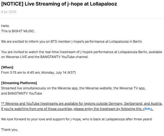 [NOTICE] Live Streaming of j-hope at Lollapalooza - 070725
