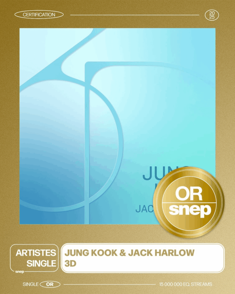 [SNEP] Jungkook’s “3D (feat. Jack Harlow)” has been certified Gold in France, becoming his third single to do so - 040825