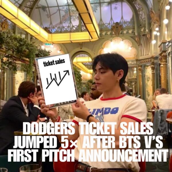 250818 Stubhub on Instagram: BTS ARMY POWER 💜 Dodgers ticket sales jumped 5× on StubHub after V was announced to throw the first pitch on August 25th.