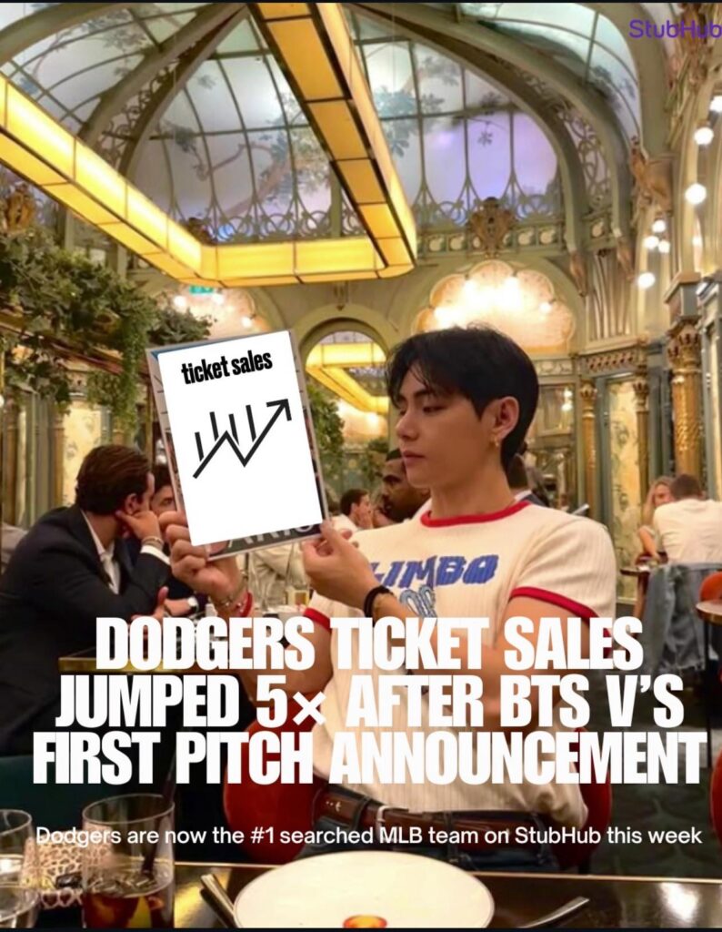 250818 Stubhub on Instagram: BTS ARMY POWER 💜 Dodgers ticket sales jumped 5× on StubHub after V was announced to throw the first pitch on August 25th.