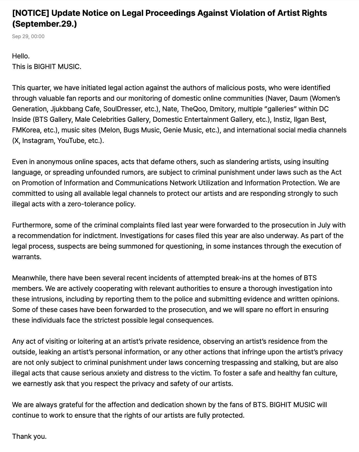 250929 [NOTICE] Update Notice on Legal Proceedings Against Violation of Artist Rights (September.29.)
