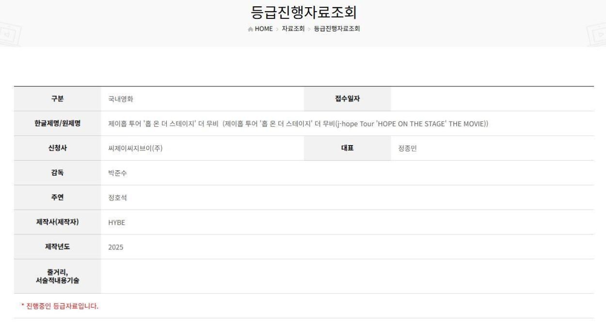 250923 “j-hope Tour ‘HOPE ON THE STAGE’ THE MOVIE” is currently under review by the Korea Media Rating Board