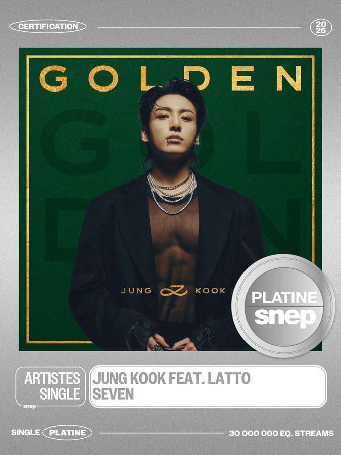 250929 SNEP on Twitter: “Seven (feat. Latto)” has been certified ‘Platinum’ in France, Jungkook’s first Single to achieve this!