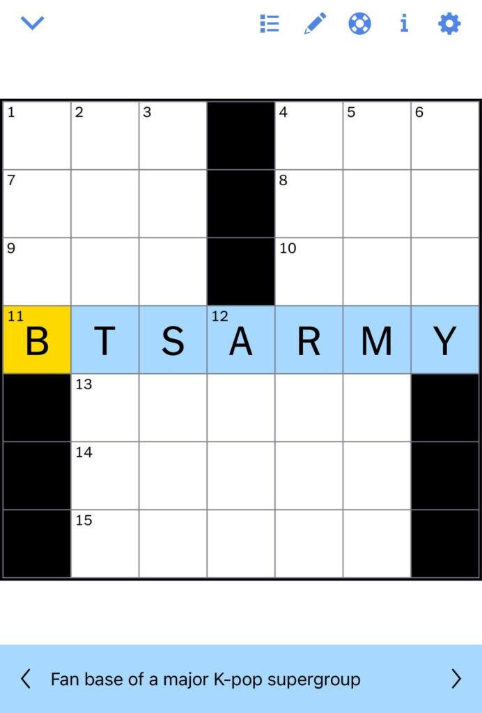 251018 BTS is in the New York Times Saturday (October 18, 2025) Mini Crossword Puzzle