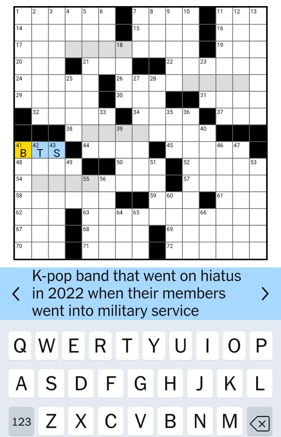 251125 BTS is in the New York Times (Tuesday, November 25) crossword puzzle