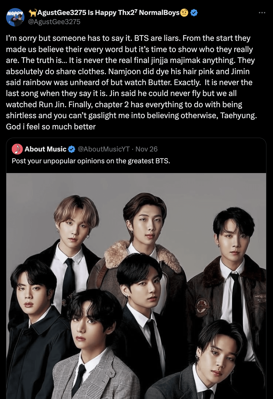 Because all men (BTS) do is lie.