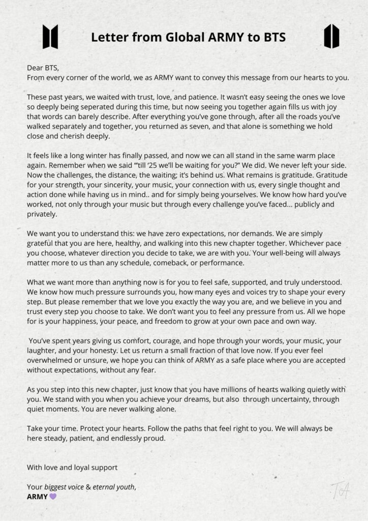 Help boost this letter of support to BTS from global Army!