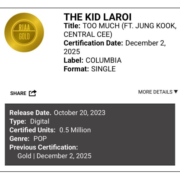 251205 RIAA Certification : “Too Much” by The Kid LAROI ft. Jungkook, Central Cee has been certified RIAA Gold in the US