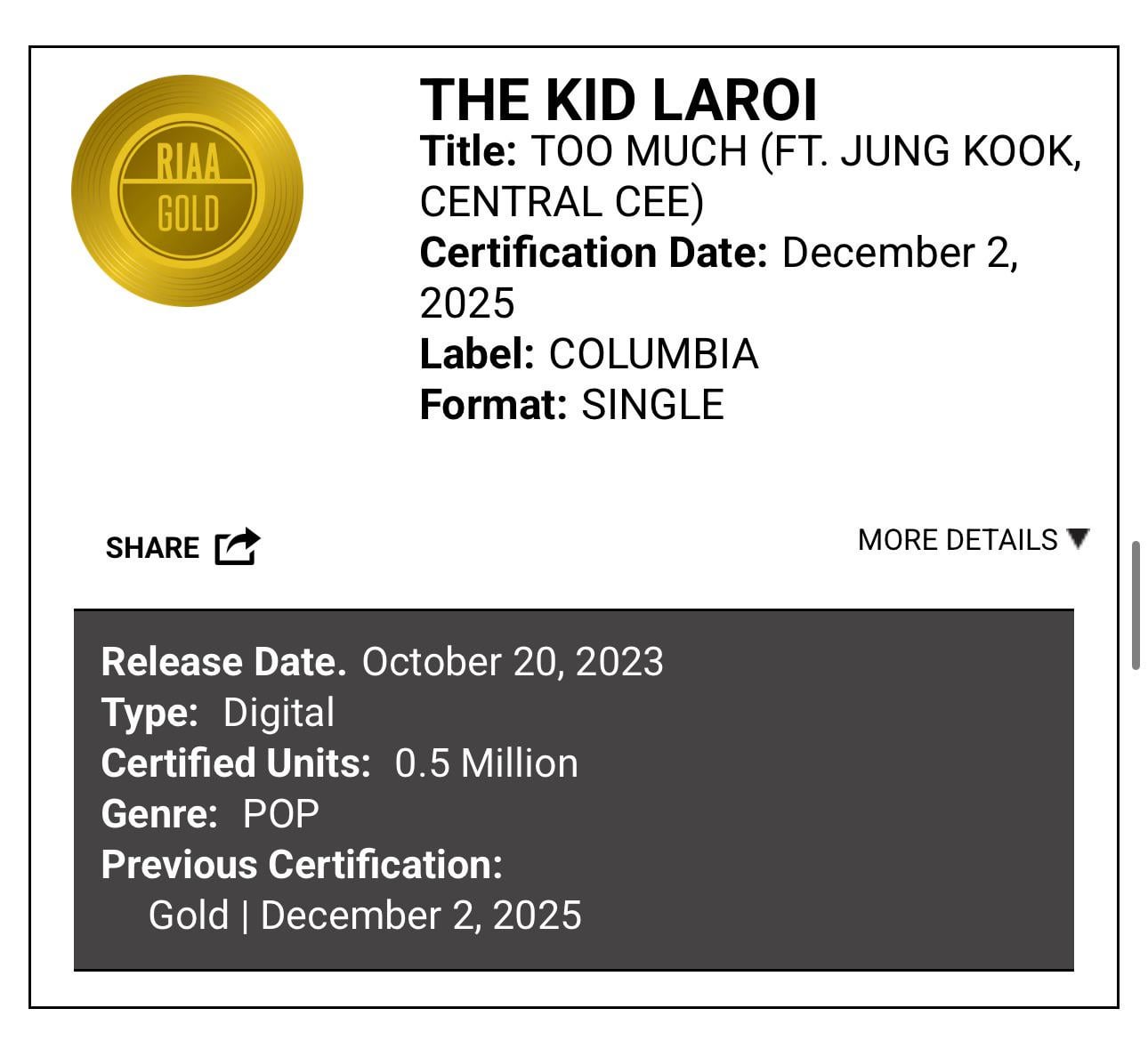 251205 RIAA Certification : “Too Much” by The Kid LAROI ft. Jungkook, Central Cee has been certified RIAA Gold in the US