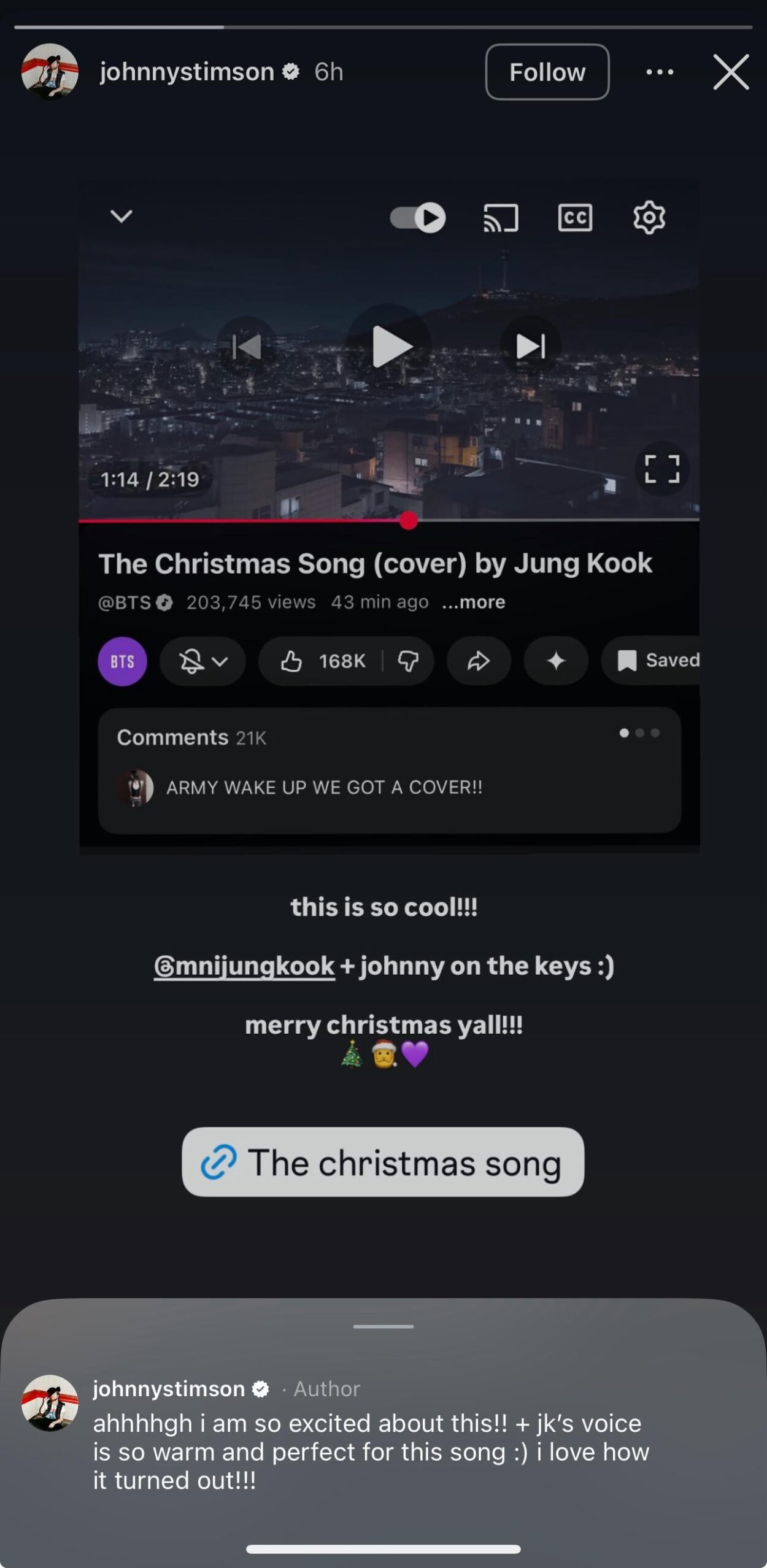 251224 Johnny Stimson (Singer of The Christmas Song) on Instagram Story ft. Jungkook