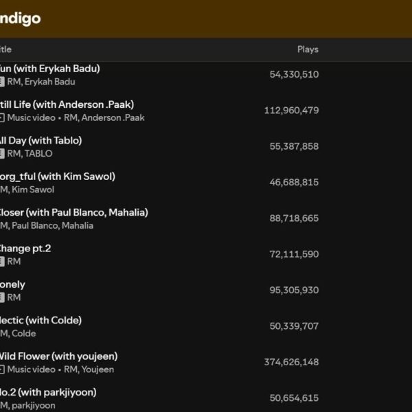RM's "Indigo" has surpassed 1 billion streams on Spotify - 010126