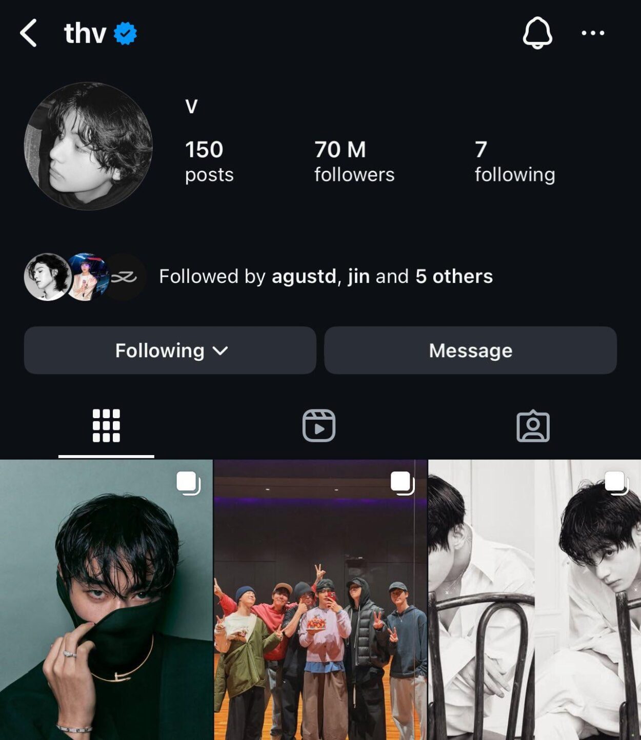 260113 V has reached 70 million followers on Instagram