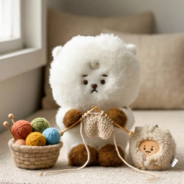 260107 Line Friends Square on Instagram: 💭 (rustle, rustle...) RJ is all fluffed up for winter and busy making gifts that look just like his friends! 🧶